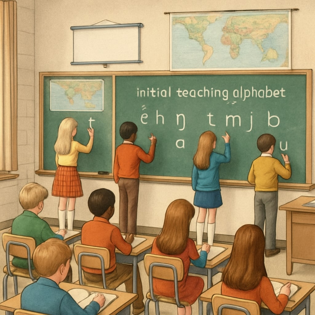 A black-and-white photograph of a classroom in the 70s, with students practicing the Initial Teaching Alphabet on chalkboards. 70s classroom with students learning the Initial Teaching Alphabet