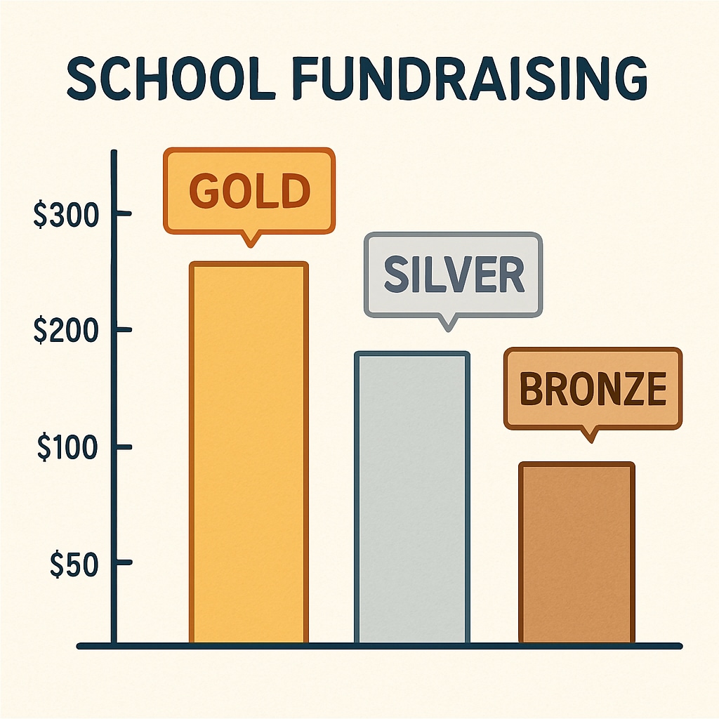 A school fundraising chart showing donation tiers, with labels like A fundraising chart illustrating tiered donation rewards in schools.