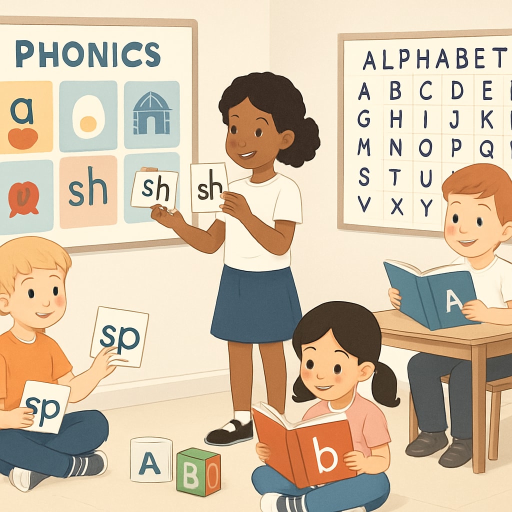 A modern classroom setting, featuring children learning phonics with both visual aids and traditional alphabet resources. Modern classroom teaching phonics as a balanced alternative to ITA