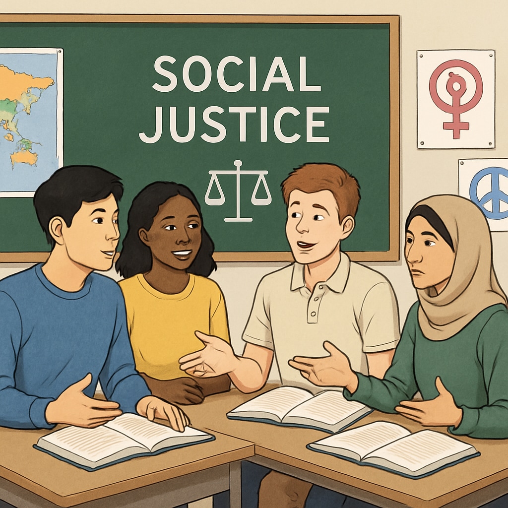 Students discussing social justice topics in a classroom setting, reflecting wokeness in education.