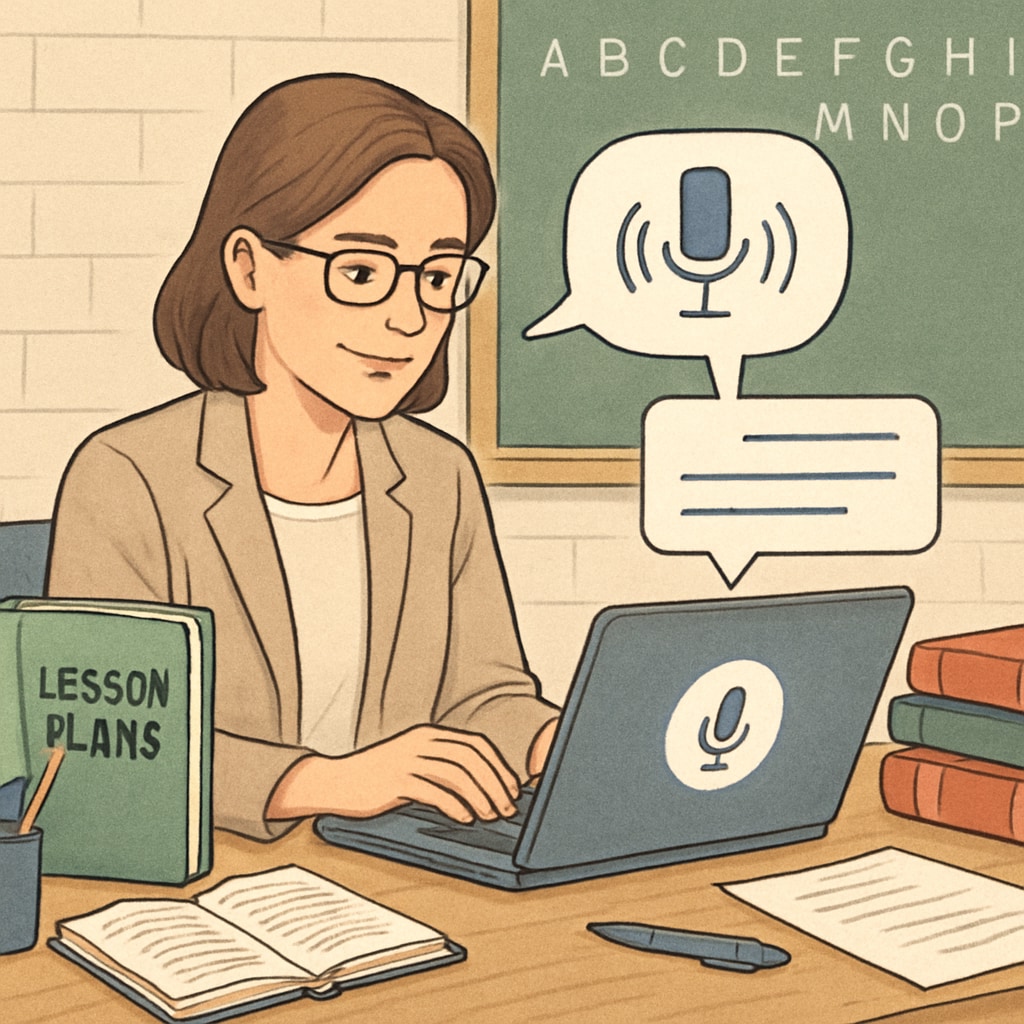 A teacher using a speech-to-text tool on a laptop to create lesson plans. Teacher utilizing speech recognition technology to streamline lesson planning.