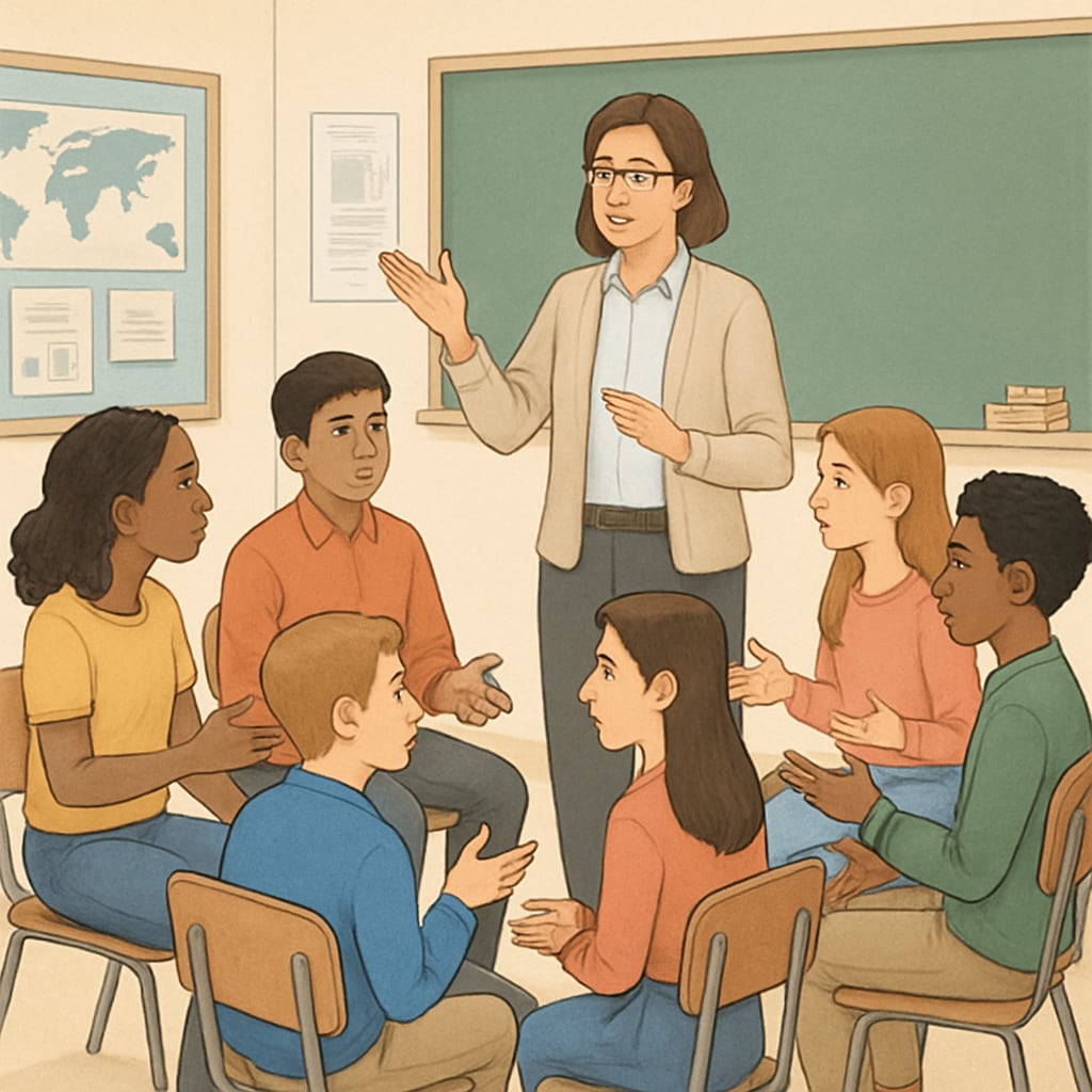 Teacher facilitating a debate among students with diverse opinions on social justice topics.