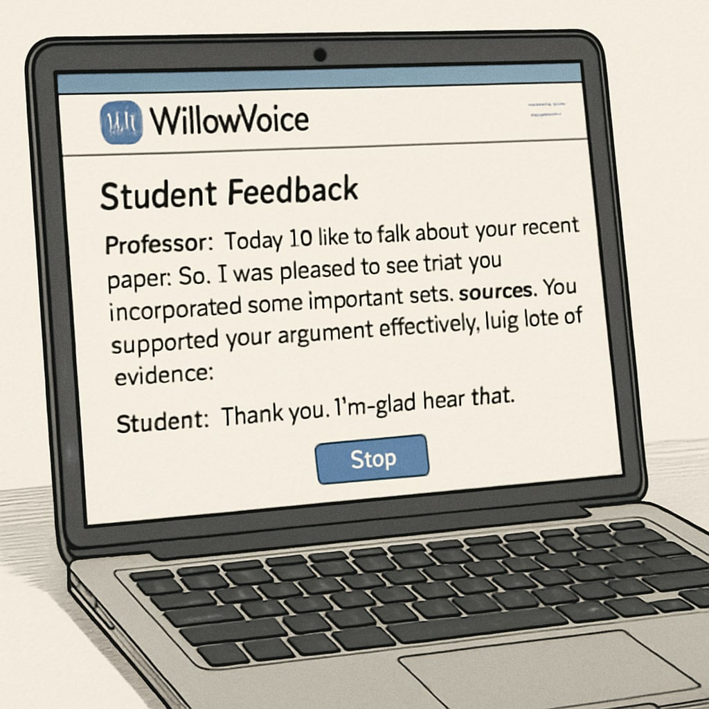 WillowVoice interface displaying transcribed student feedback on a laptop.