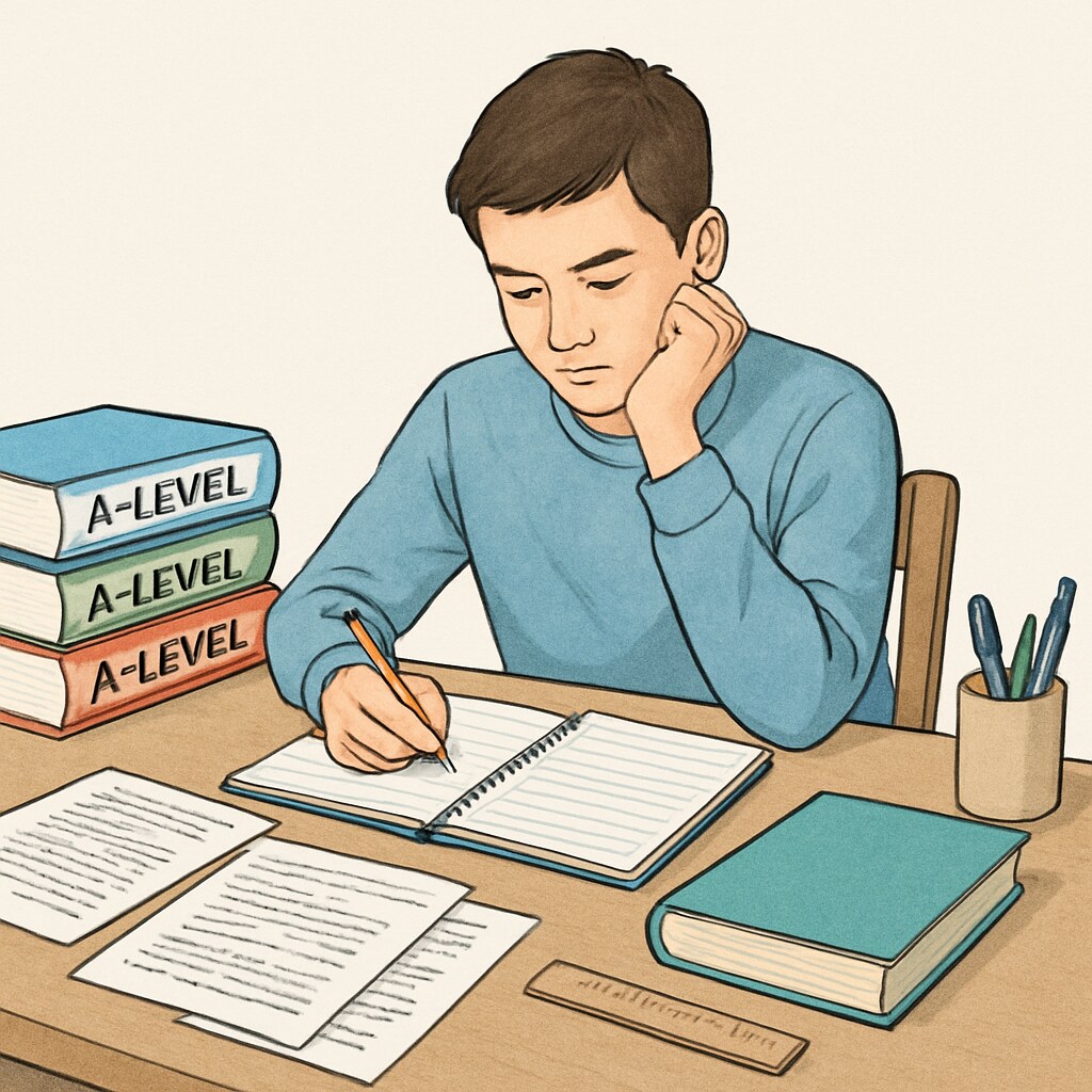 Student preparing for A-level exams with books and notes on a desk.