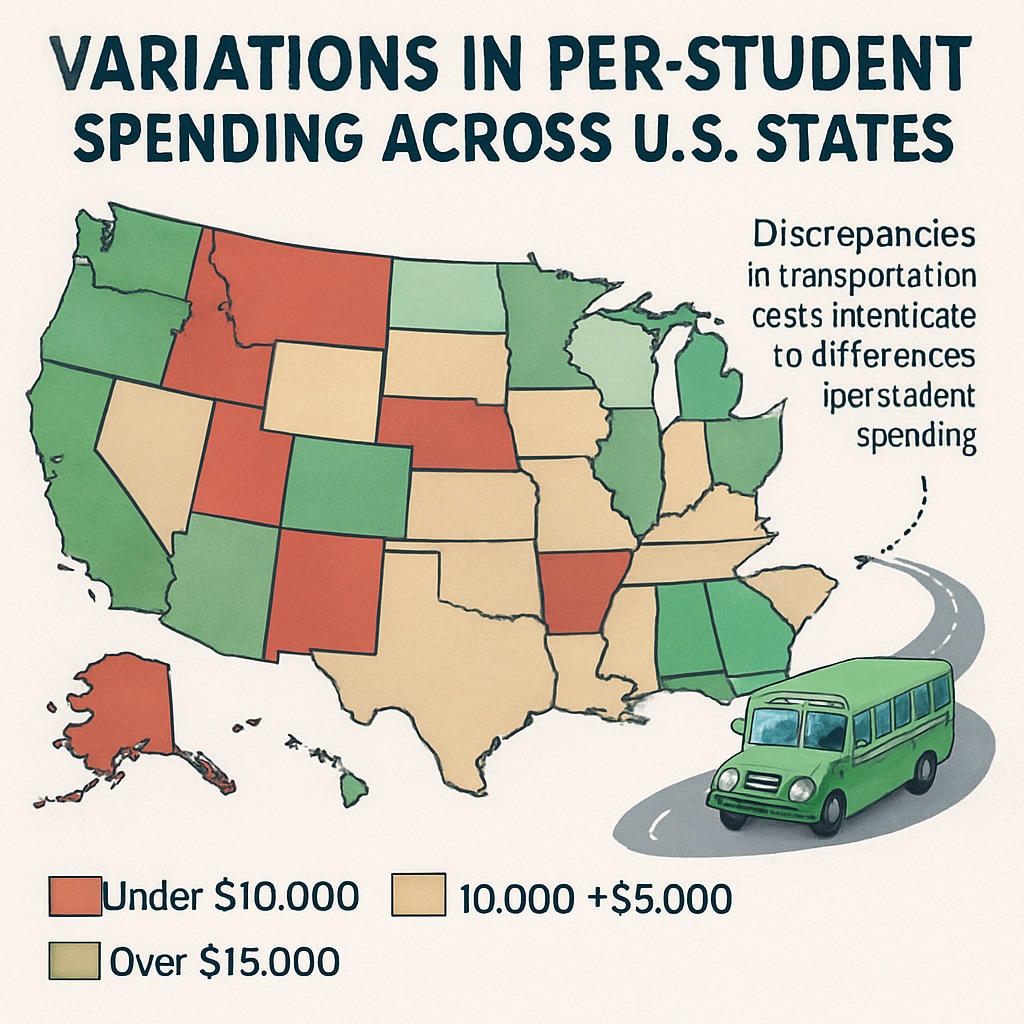 A detailed chart showing variations in per-student spending across U.S. states, highlighting discrepancies in transportation costs. Chart showing variations in per-student spending, including transportation costs, across U.S. states.