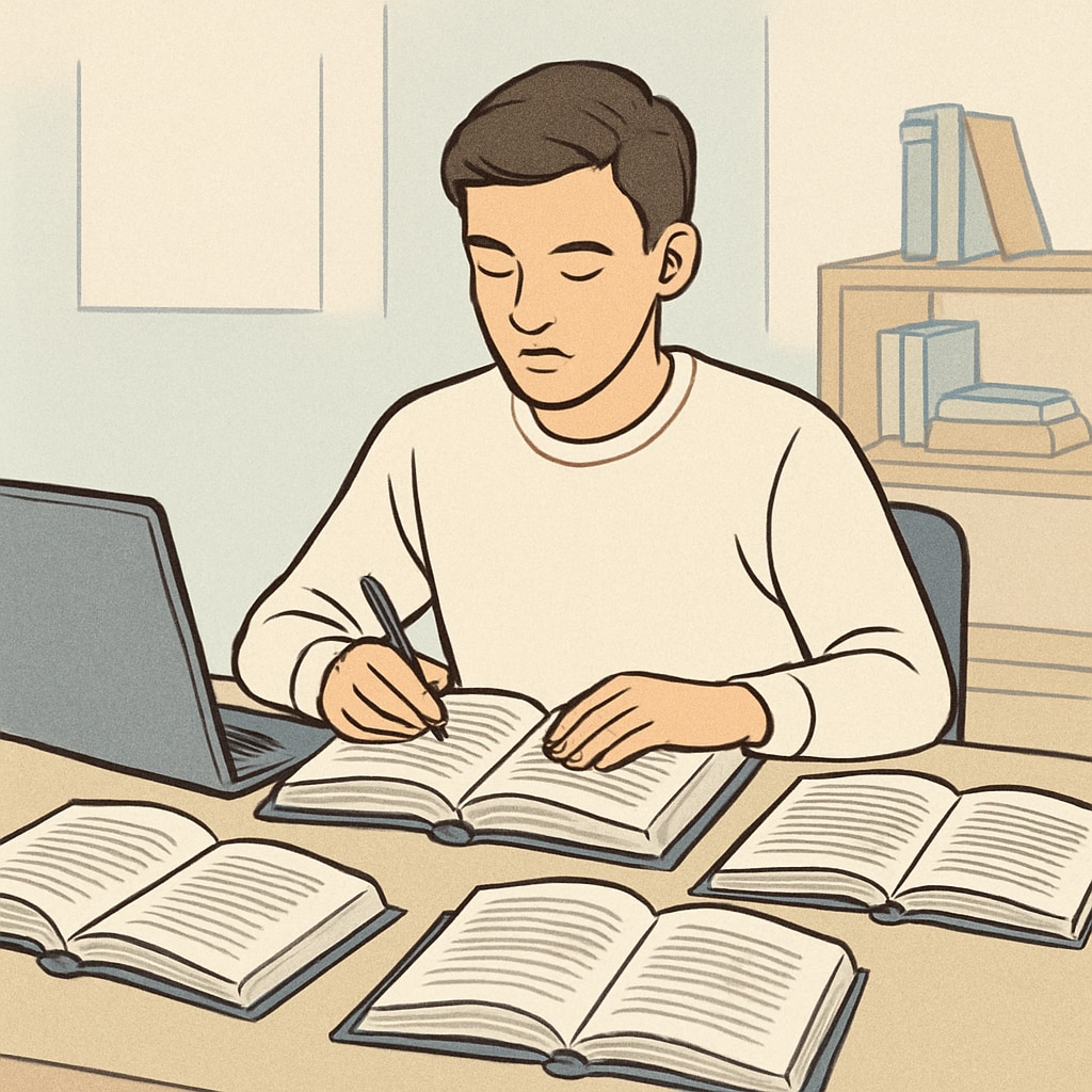 A calm student studying for the OAE exam with books and laptop