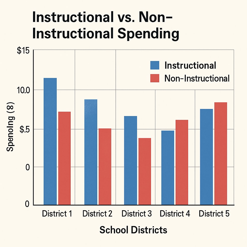 A bar graph comparing instructional versus non-instructional spending in different school districts, illustrating the impact of state funding policies. Bar graph comparing instructional and non-instructional spending in school districts.