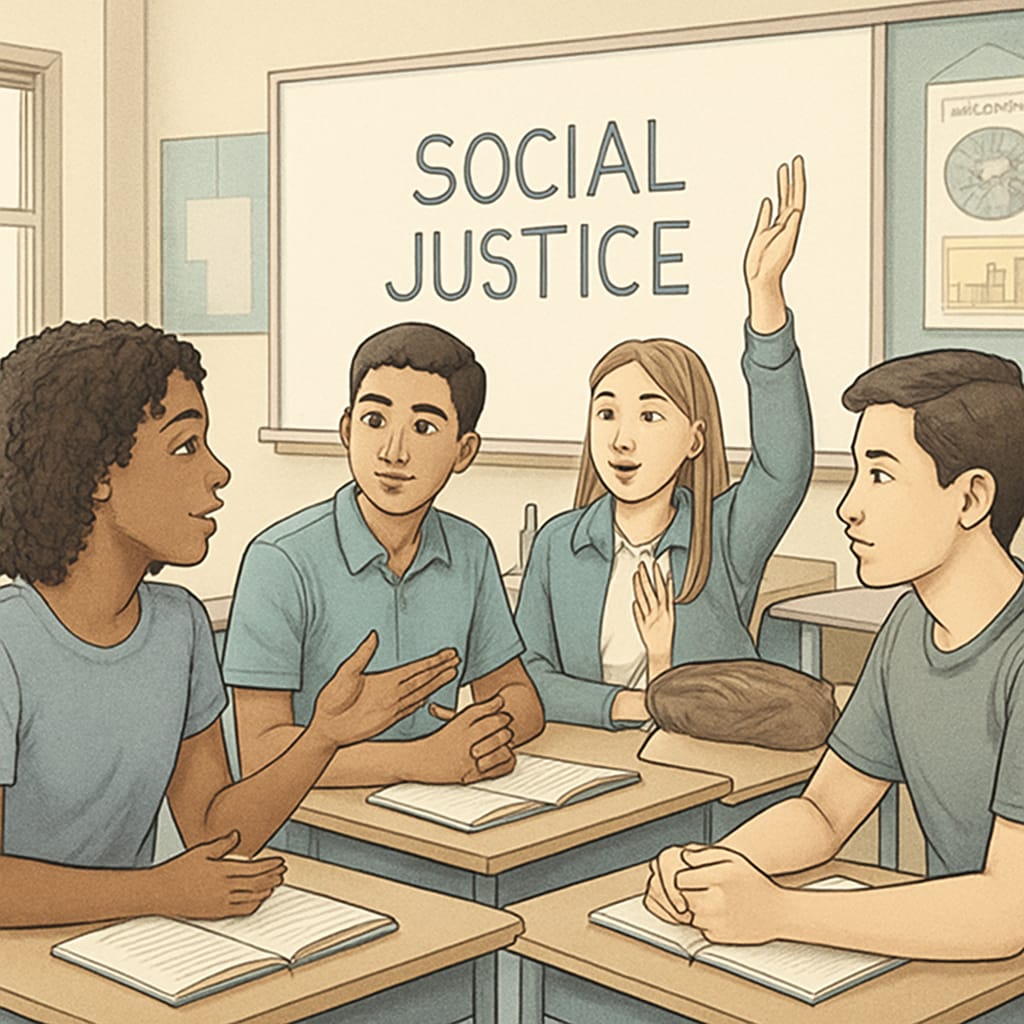 High school students discussing social justice topics in a classroom, reflecting on 