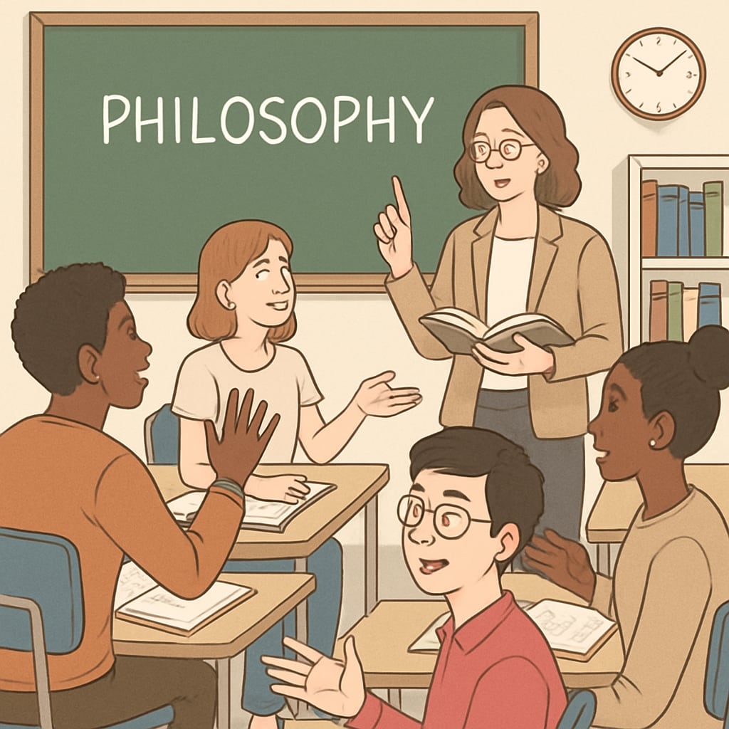 A diverse group of students engaging in a philosophy discussion with a teacher in a classroom setting. Students and teacher discussing philosophy concepts in a classroom.