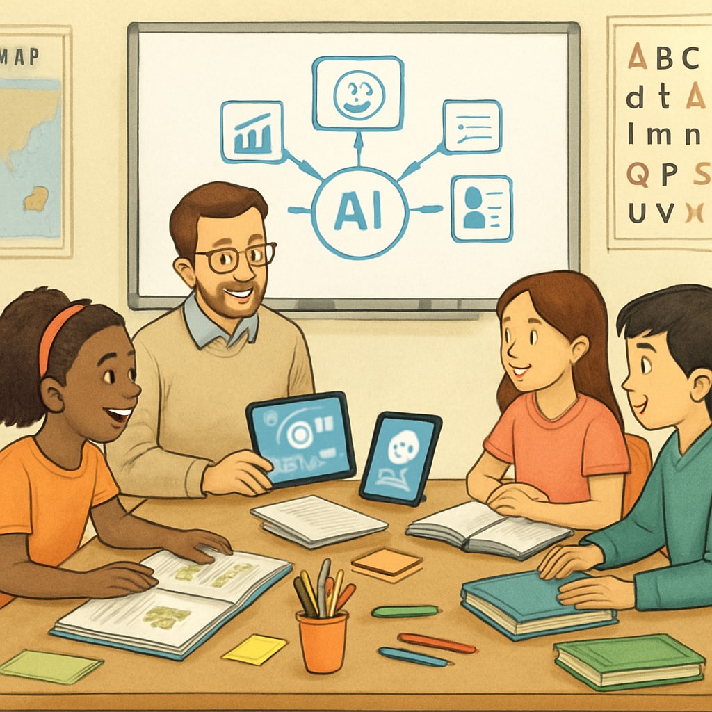 Teacher and students using AI tools for portfolio-based assessment, showcasing new evaluation methods in the AI era.
