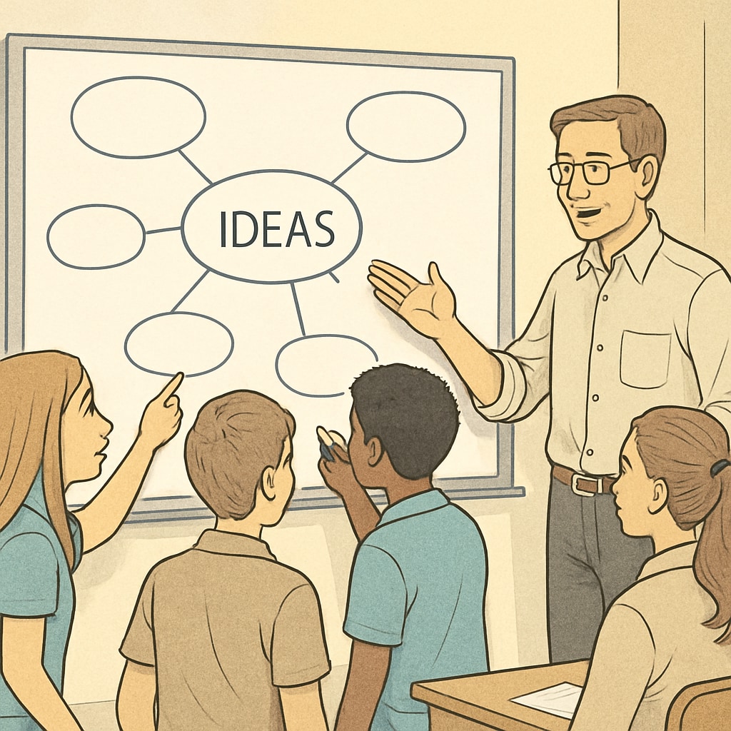 Students brainstorming ideas on a whiteboard under the guidance of their teacher. Students and teacher exploring psychology and philosophy concepts using a whiteboard.