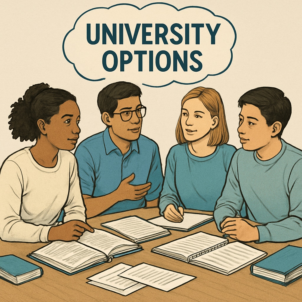A diverse group of students discussing university options, symbolizing alternative education paths. Students discussing A-level results and university education paths.