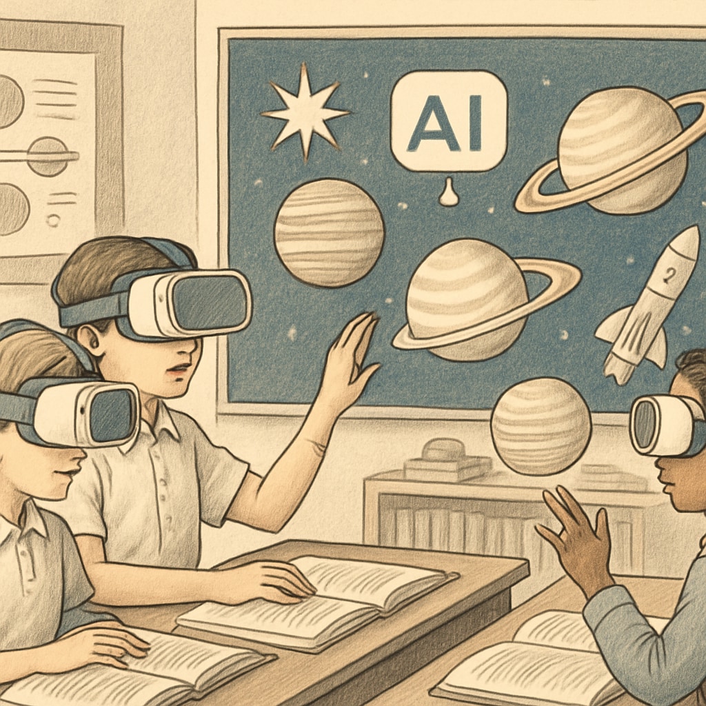 Students using VR with AI to explore space in an educational setting.