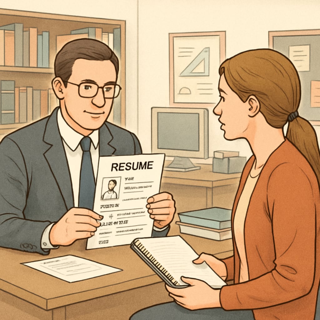 A career consultant reviewing a teacher’s resume during a one-on-one coaching session. Career consultant providing Canada K-12 resume advice to a teacher.
