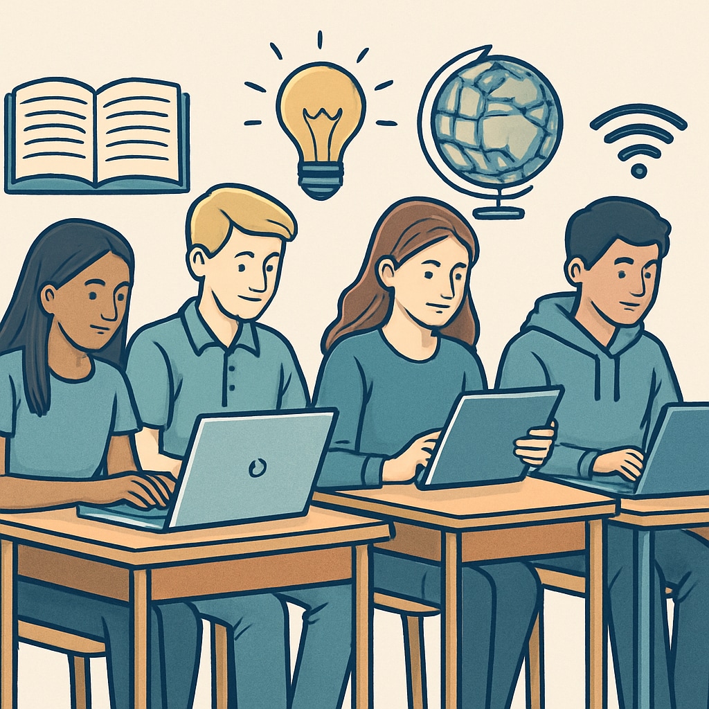 A group of high school students participating in an online course, representing the concept of digital education resources. High school students using online education courses and learning resources.