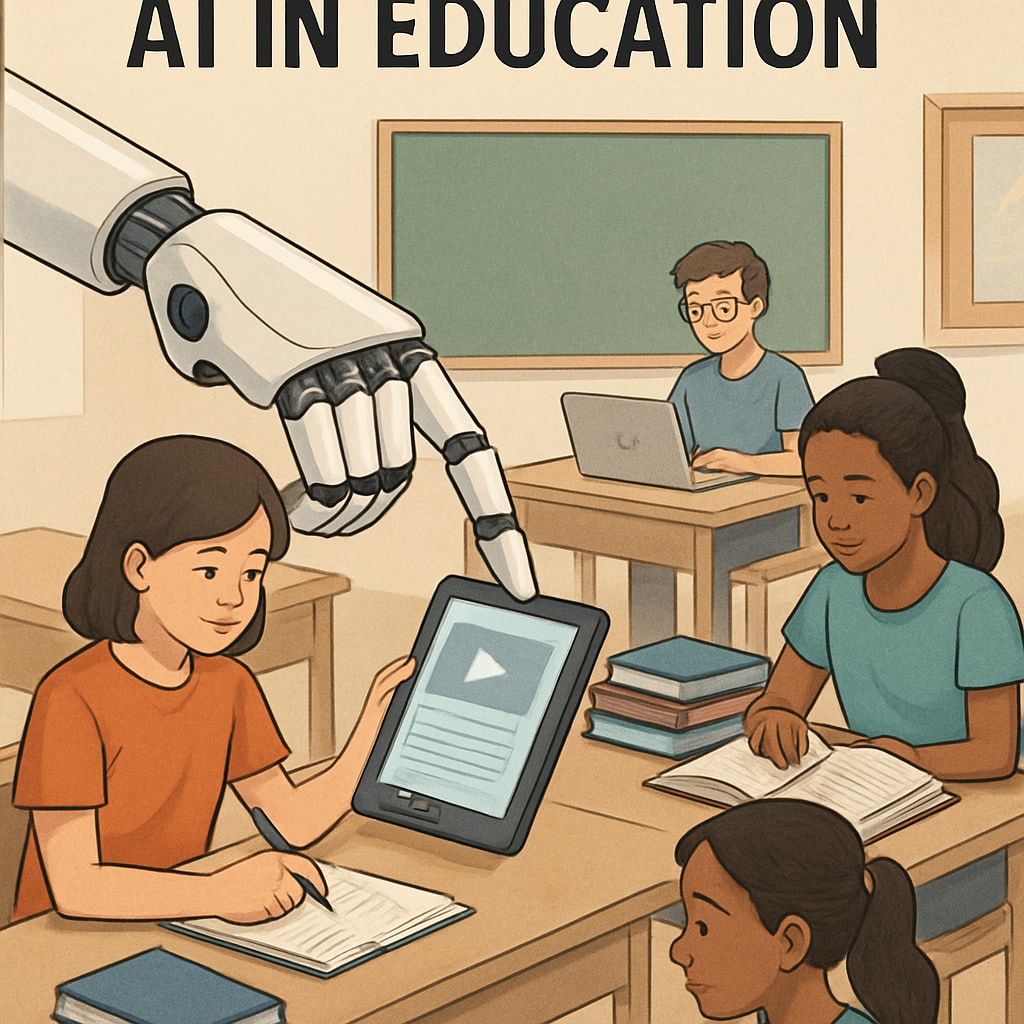 A conceptual illustration of AI shaping the future of education, featuring a robotic hand assisting students with learning materials. AI transforming education with robotic assistance and learning tools.