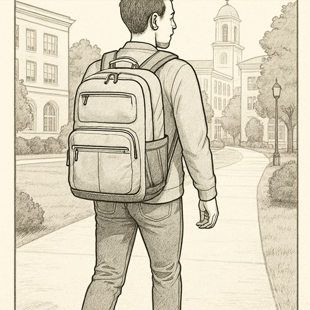 A student carrying a practical and spacious college bag while walking on campus. Student with a spacious and affordable college bag.
