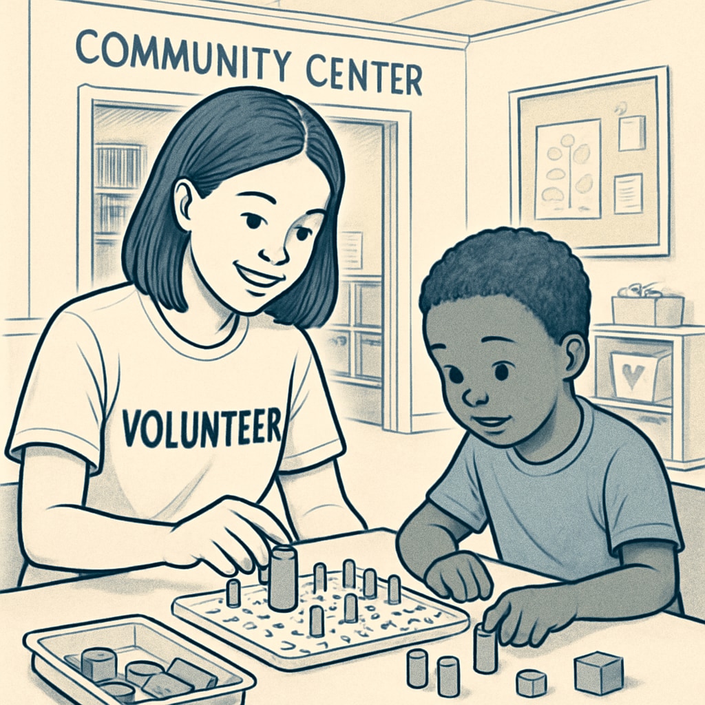 A student volunteering at a community center, showcasing hands-on learning experiences. High school student engaging in extracurricular learning through community service.