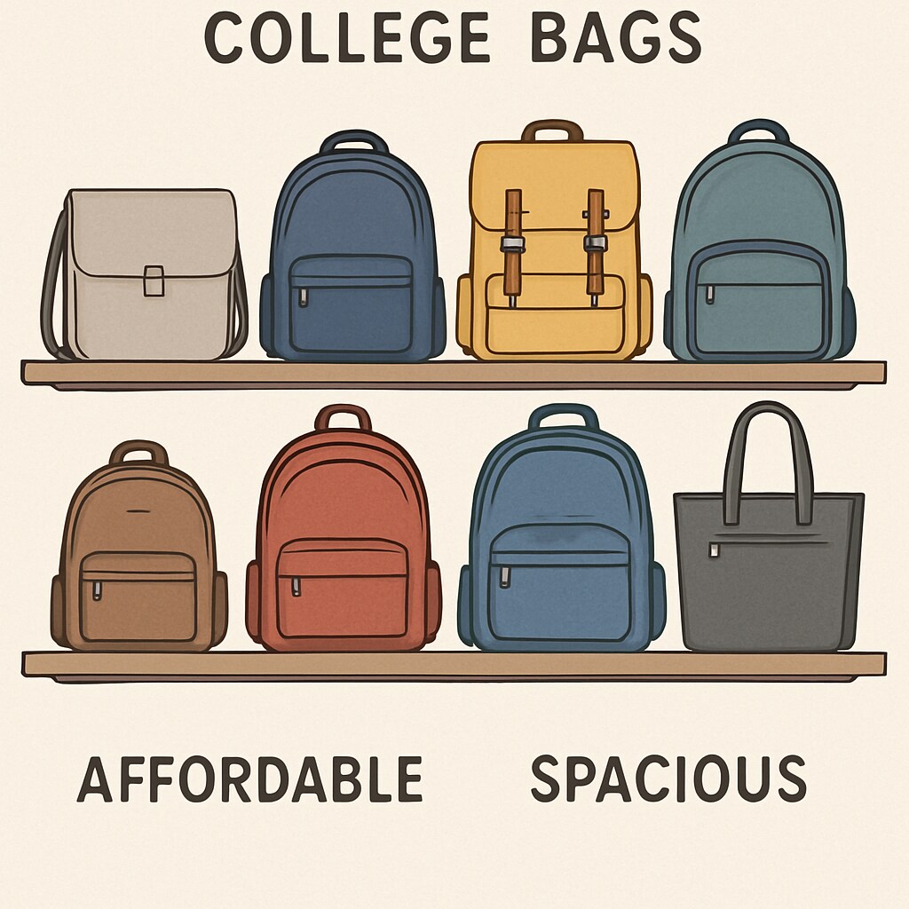 A variety of college bag options displayed on a store shelf, highlighting affordability and spaciousness. Different affordable and spacious college bags on a shelf.