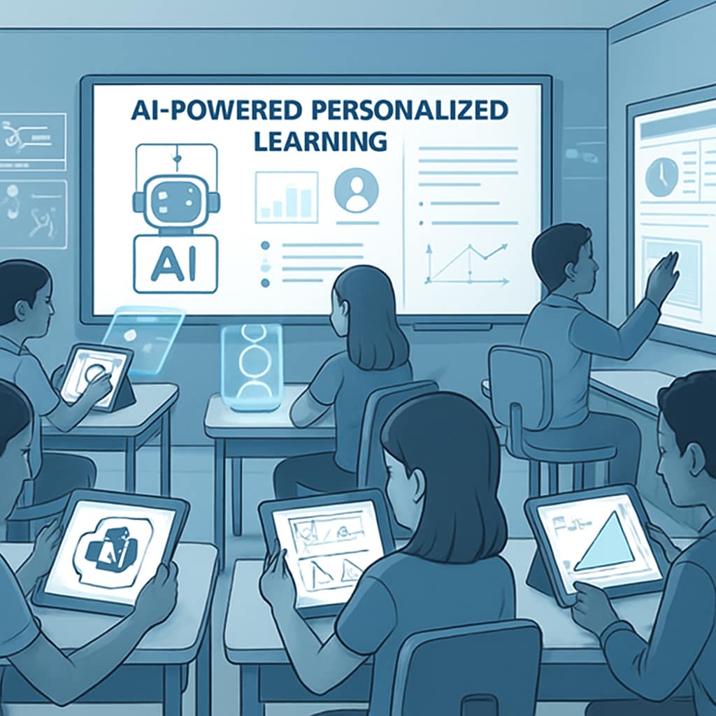 A futuristic classroom with students using AI-powered devices for personalized learning. Students in a modern classroom using AI-based learning tools.