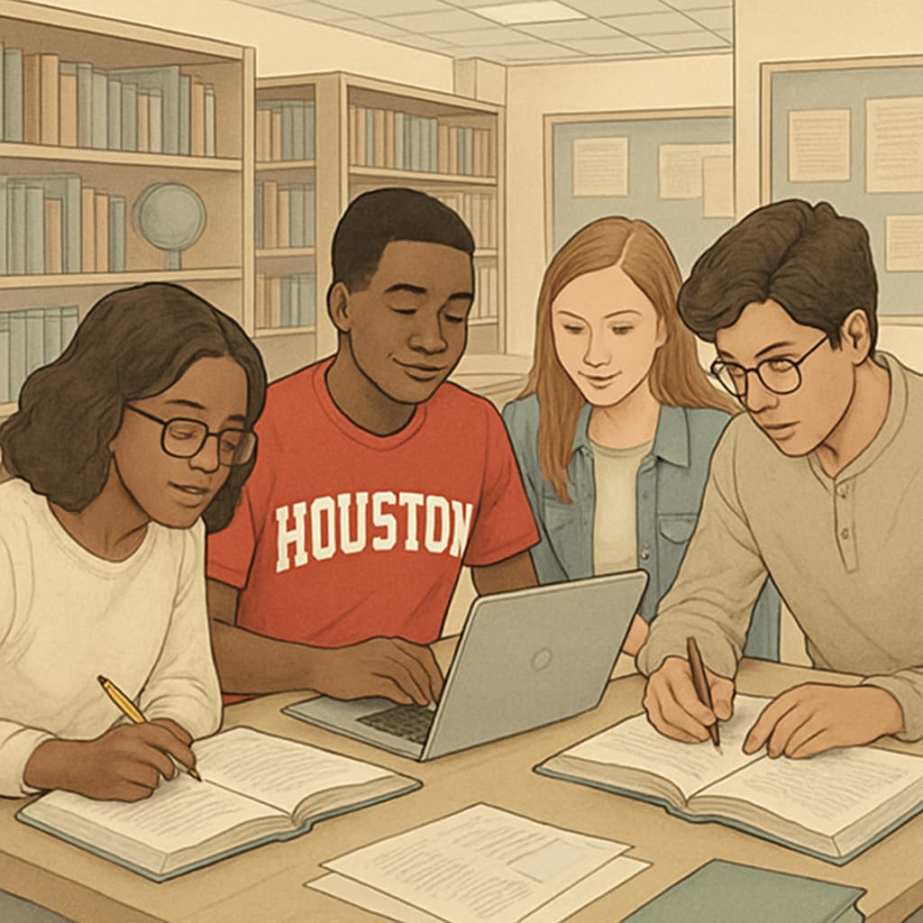 A group of University of Houston students engaged in a collaborative study session in a library setting. University of Houston students in a study group collaborating in the library.