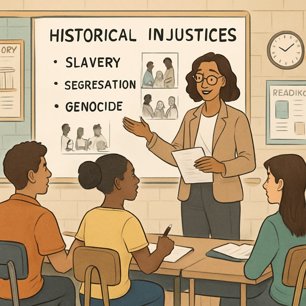 Educator teaching a class about social awareness and historical injustices.
