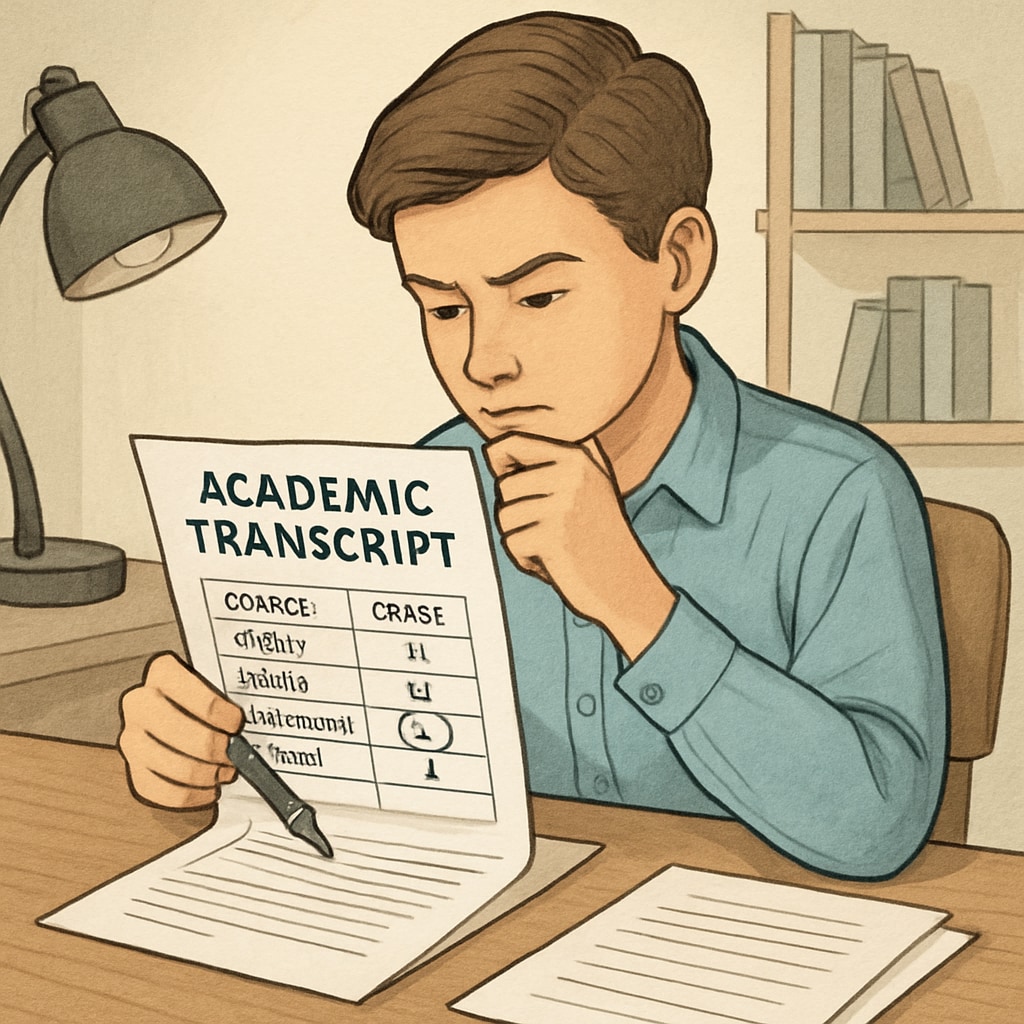 A student reviewing their academic transcript, focusing on identifying areas for improvement. A student analyzing their grades to address a low score in one subject.