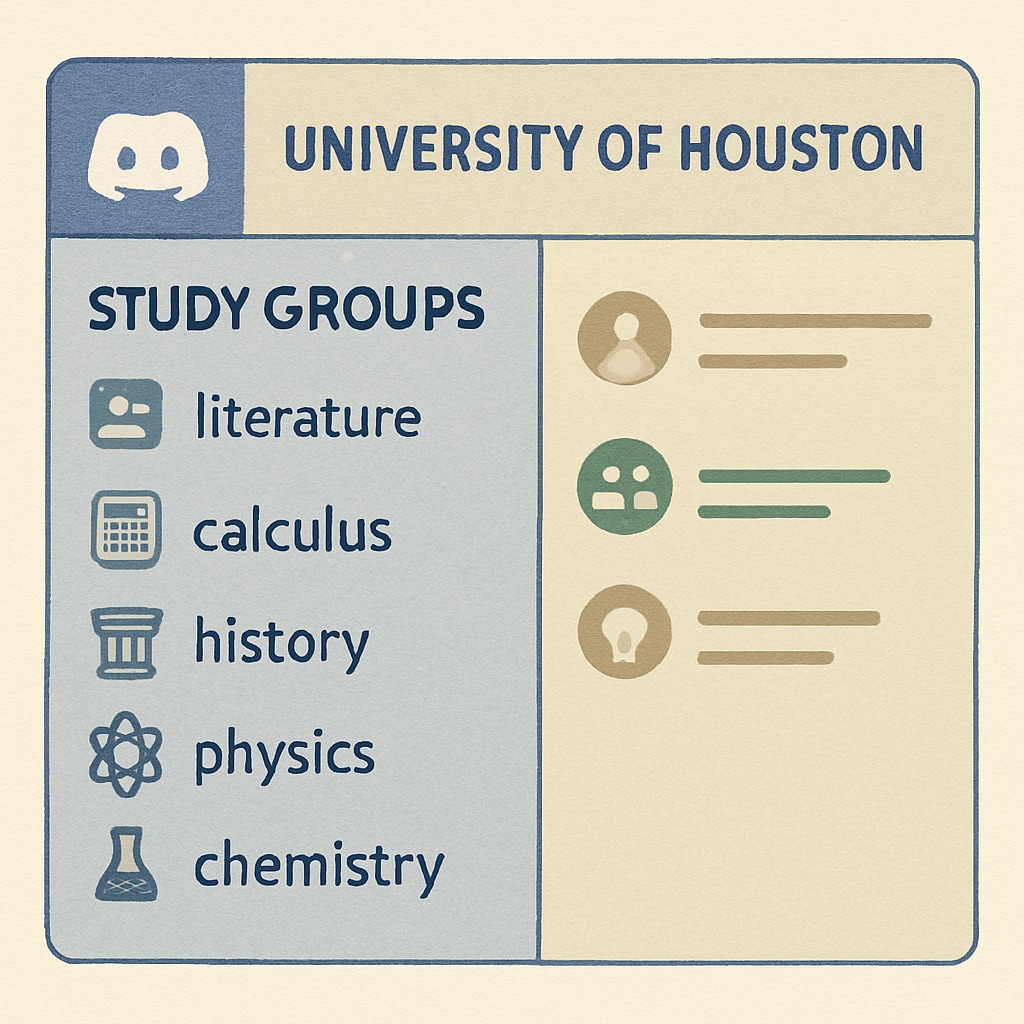 A Discord interface showing multiple study group channels created for University of Houston students. Discord interface with study group channels for University of Houston students.