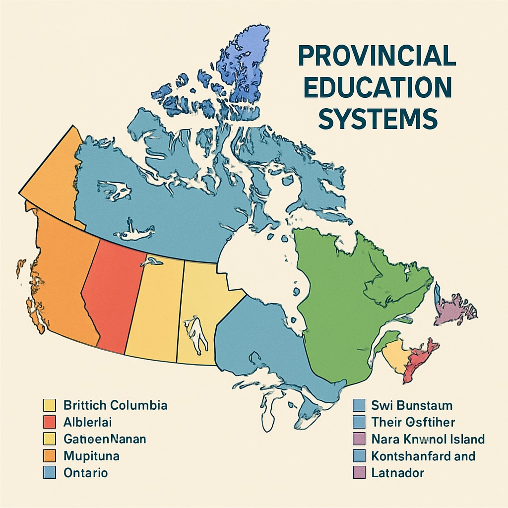 A map of Canada highlighting provincial education systems and their differences. Map of Canada showing provincial education systems for educators.
