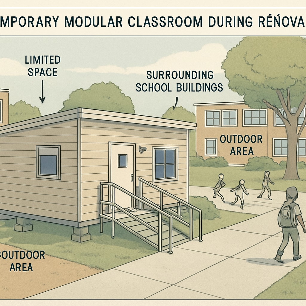 A temporary modular classroom set up on a school campus during renovation, illustrating the impact of space constraints on student learning environments. Temporary modular classroom on school campus during renovation