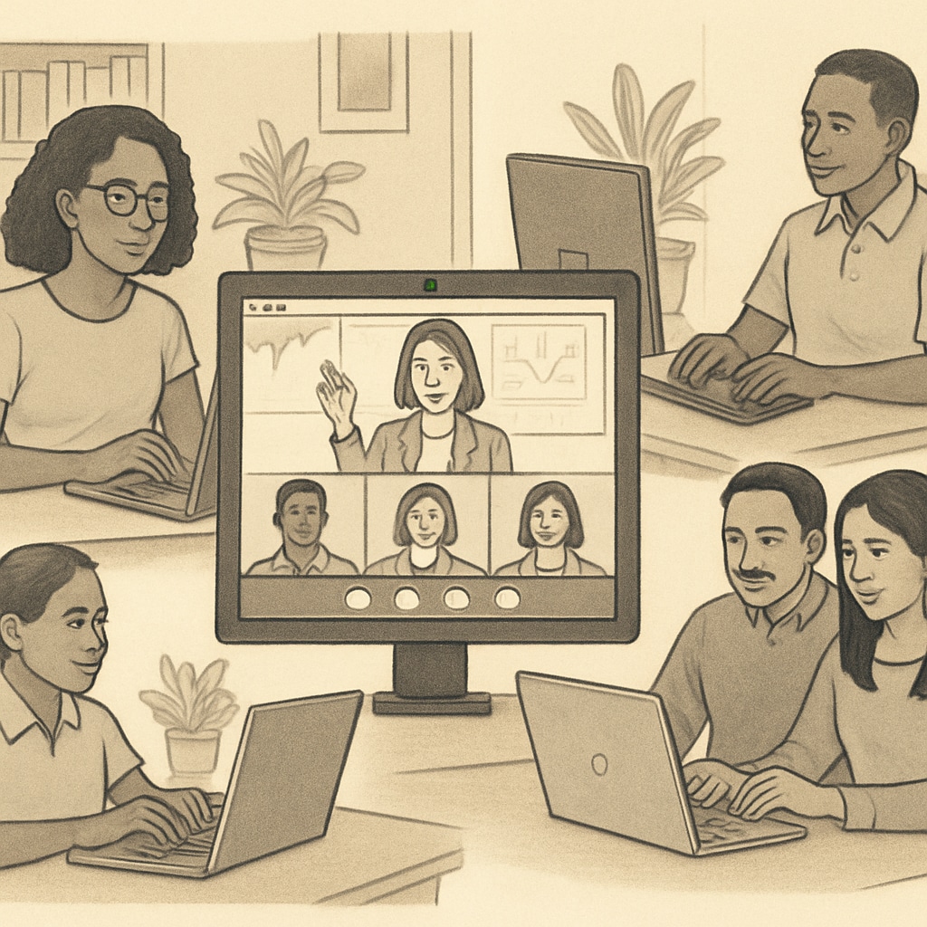 Parents attending a virtual school meeting from their homes during a campus renovation, highlighting the role of technology in maintaining parental involvement. Parents in virtual school meeting during campus renovation