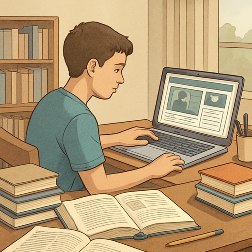 A high school student using a laptop to browse educational platforms at home. High school student researching educational resources at home