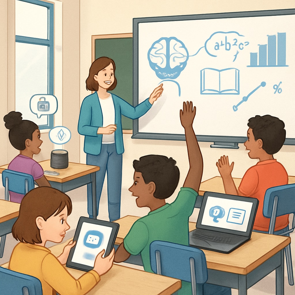 A classroom setting where students are interacting with AI-powered learning tools, showcasing modern technology in education. Students using AI-powered tools in a classroom, related to competitive exams and talent selection.