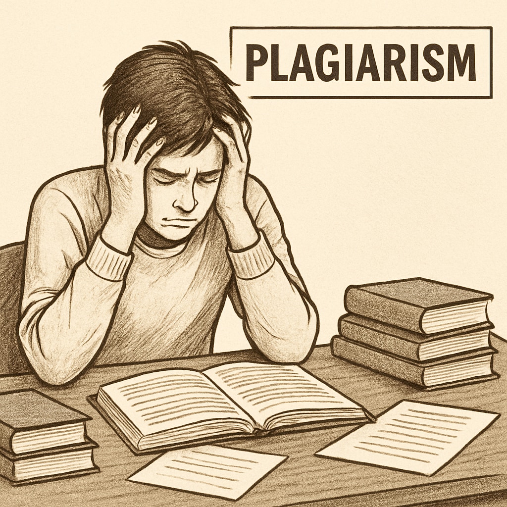 A distressed student holding their head while sitting at a desk, representing the emotional toll of being wrongfully accused of plagiarism. A student experiencing distress from a false plagiarism accusation.