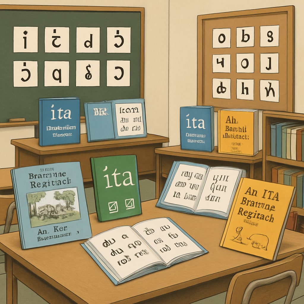 A classroom in the 1970s showing ITA teaching materials, such as books with unique symbols for phonetic learning. Students learning with Initial Teaching Alphabet materials in a 1970s classroom.