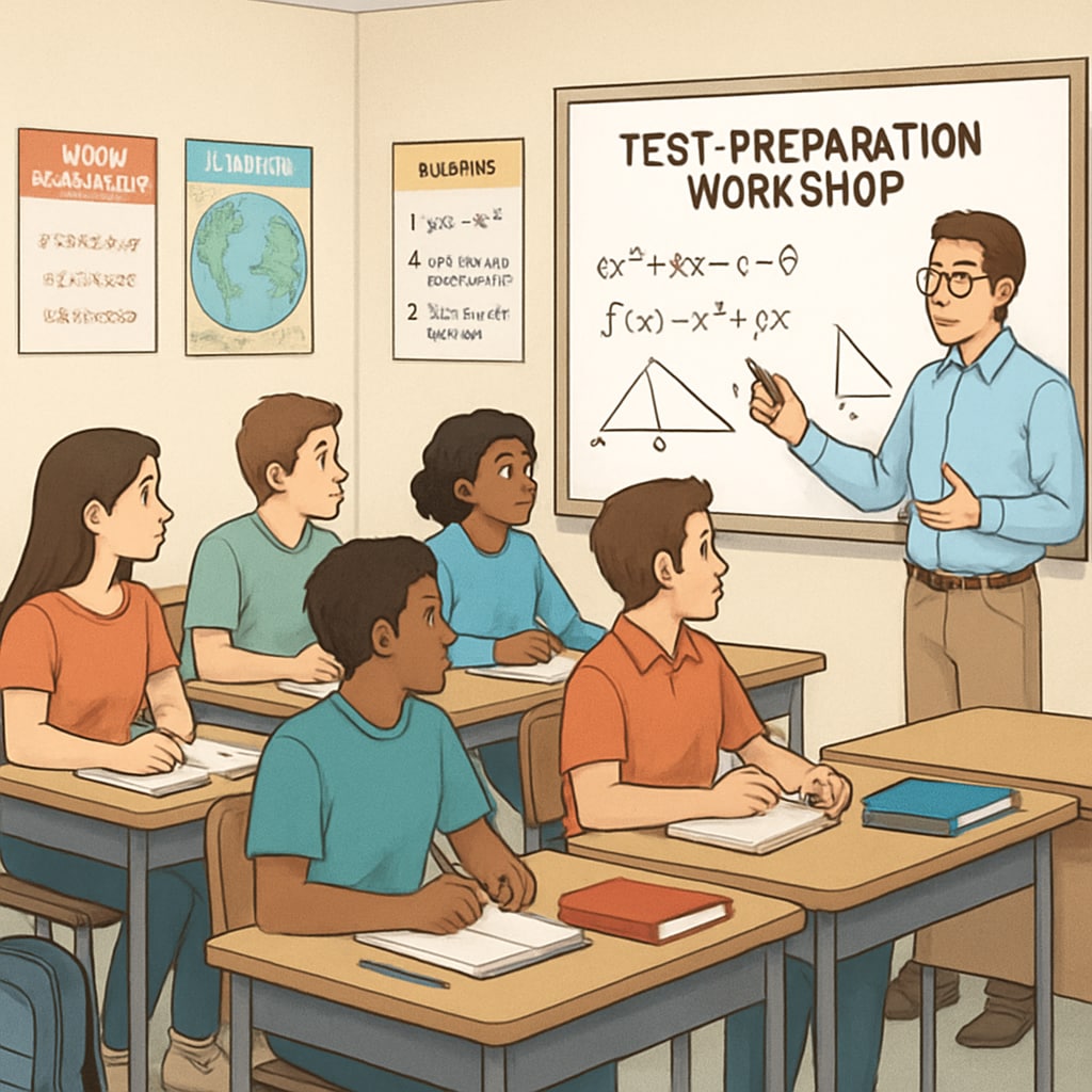 A group of high school students attending a test preparation workshop in a classroom setting. High school students participating in a test preparation course