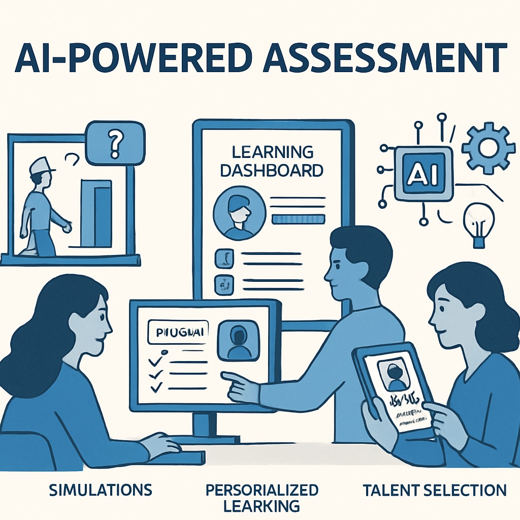 A graphic showing AI-powered assessment methods such as simulations and personalized learning dashboards, illustrating innovative approaches to talent selection. AI-powered assessment methods graphic, emphasizing education reform in the AI era.