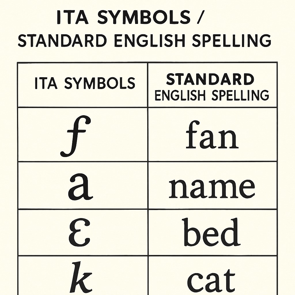 A comparison chart displaying ITA symbols alongside standard English spelling, highlighting differences in orthography. Initial Teaching Alphabet symbols compared to English spelling in a side-by-side chart.