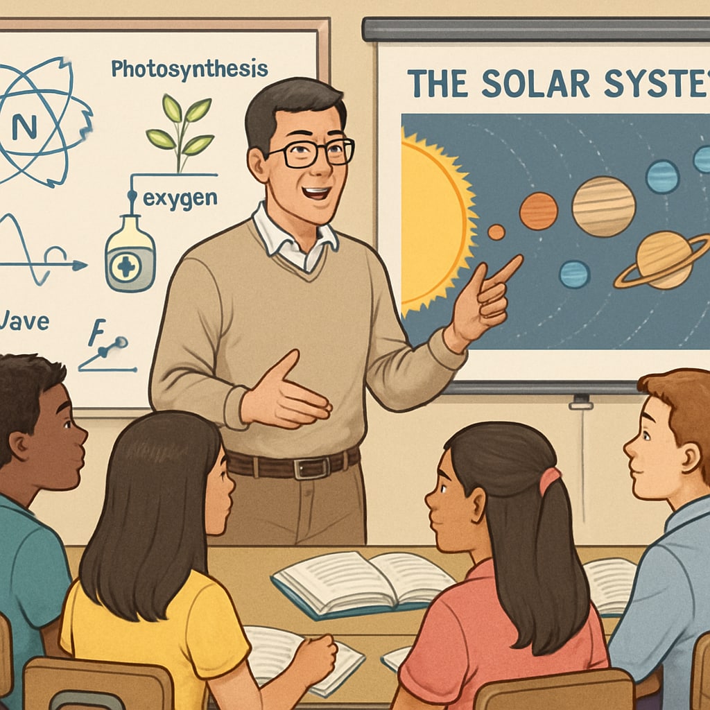 A high school science teacher explaining concepts to a diverse group of students, using visual aids like a whiteboard or projector. High school science teacher supporting English Language Learners with visual aids.