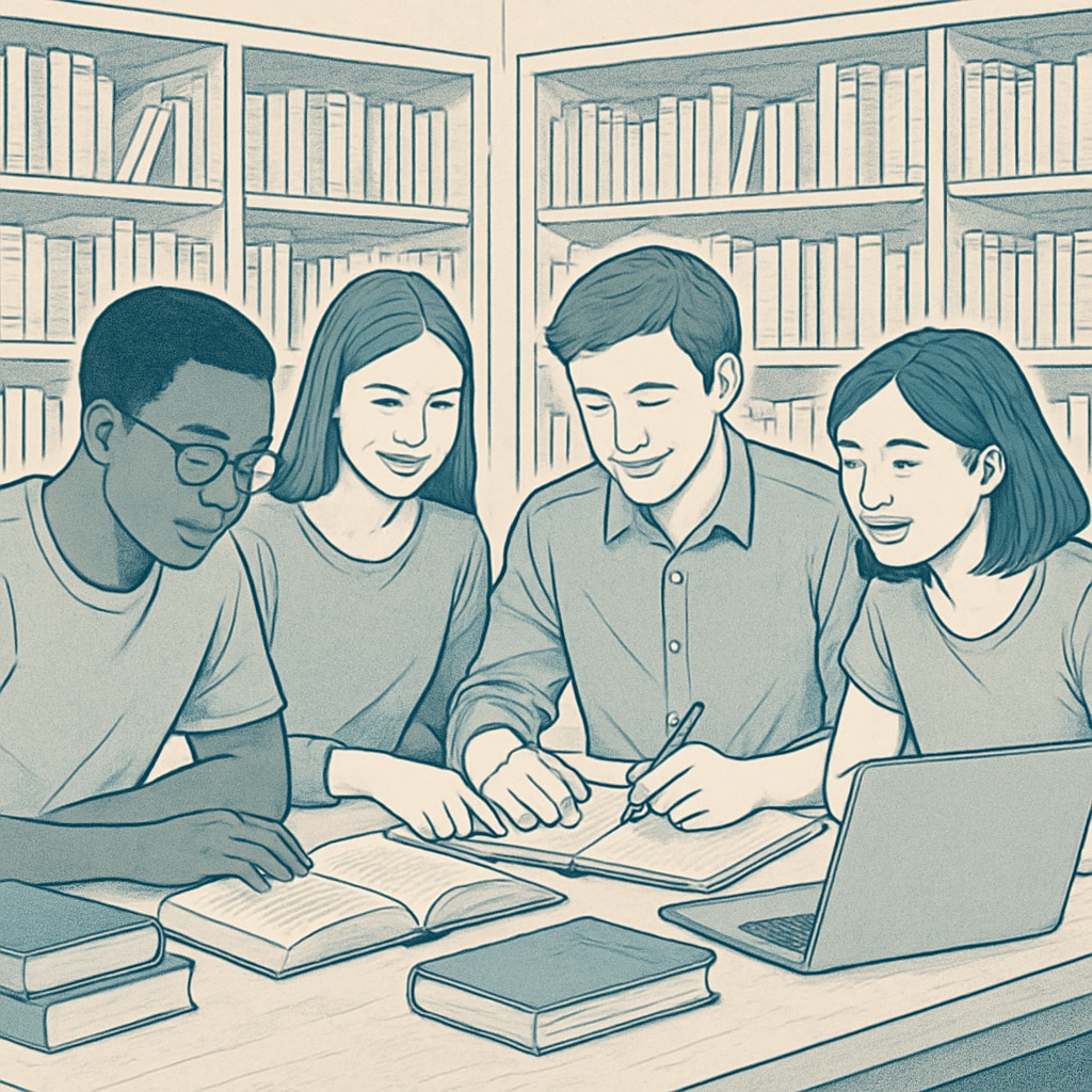 A group of university students sitting in a library, working together on a project. This image highlights the concept of study groups and collaborative learning. University students collaborating in a study group at the University of Houston