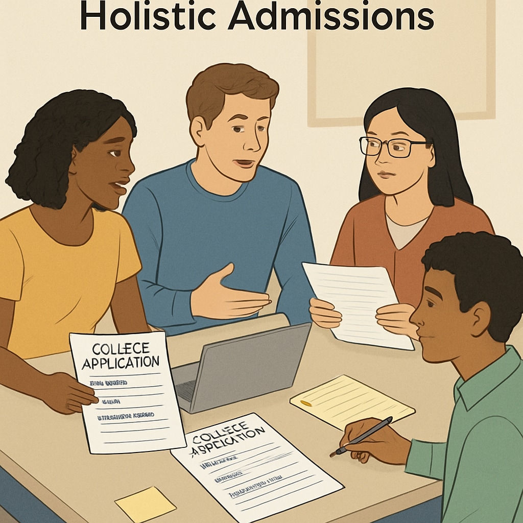 An image showing students reviewing college applications, highlighting the concept of holistic admissions. Students reviewing college applications for Harvard admissions.