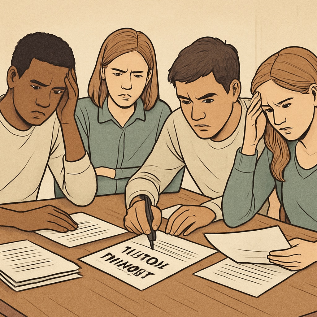 A group of college students looking stressed while reviewing tuition payment documents. College students reviewing tuition documents, highlighting financial stress.