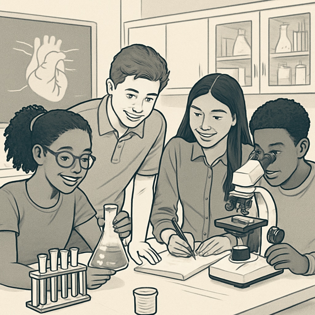 A group of diverse high school students collaborating on a science experiment, with visible engagement in the activity. Diverse students working together on a science experiment in high school.
