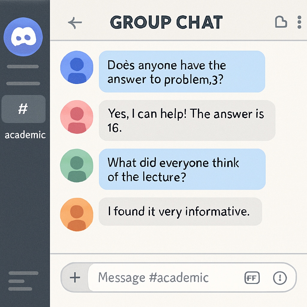 A screenshot of a Discord group chat focused on academic discussions, showcasing the platform's role in learning communities. Discord group chat for University of Houston students discussing academics