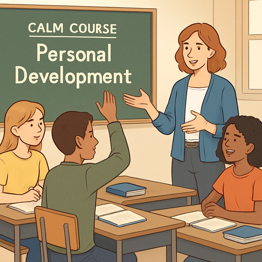 A classroom setting with students engaging in a CALM course discussion, emphasizing personal development. Students in a classroom discussing CALM course performance.