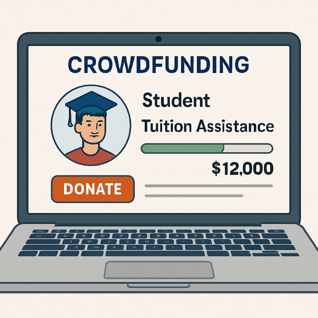 A laptop screen showing a student's crowdfunding campaign for tuition assistance. Crowdfunding campaign for tuition assistance displayed on a laptop screen.