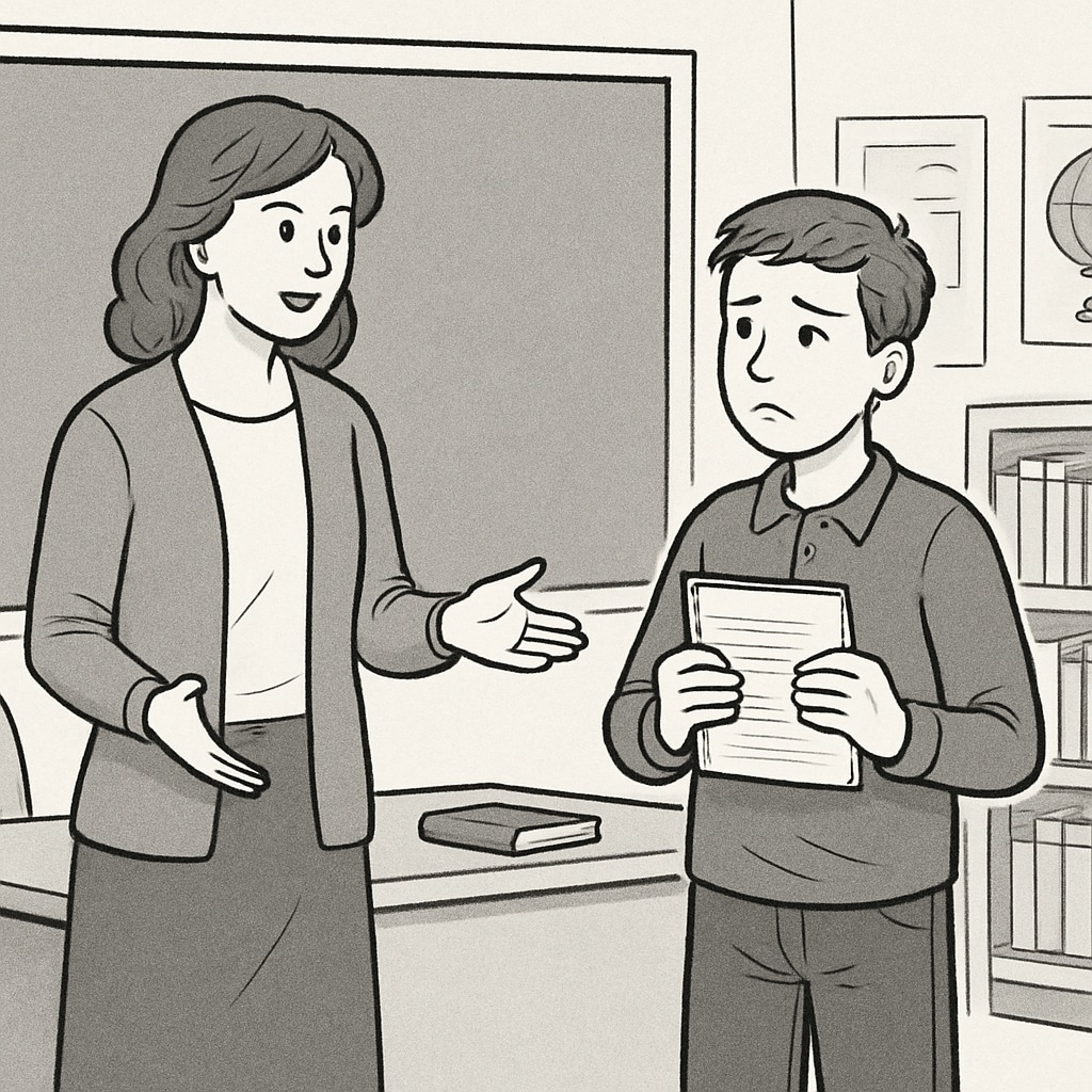 A classroom scene where a teacher is addressing a concerned student, emphasizing the potential misunderstanding over plagiarism. Teacher discussing plagiarism misunderstanding with a student.