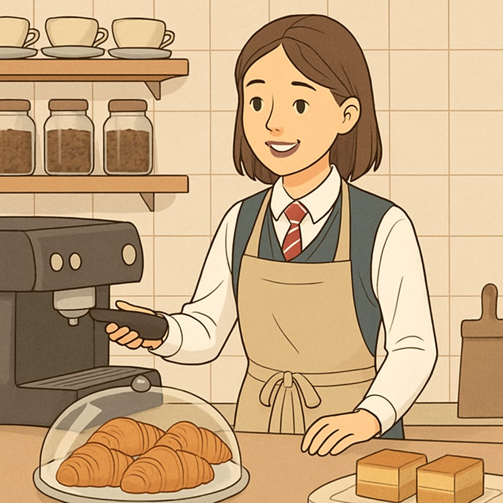A high school student working part-time at a local café, smiling while interacting with customers. High school student working part-time at a café, earning pocket money.