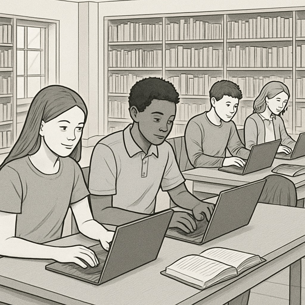 A group of high school students using laptops in a library to access online educational resources. High school students exploring free educational resources online in a library.