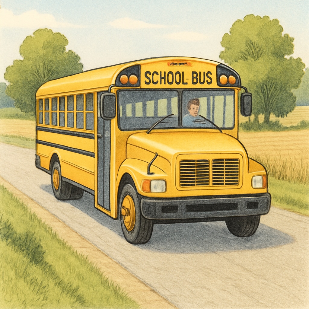 A school bus traveling on a rural road, symbolizing high transportation costs in rural school districts. A school bus on a rural road, representing transportation-related pass-through costs in education.